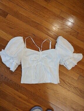 White Cropped Balloon Puff Sleeve Top Medium